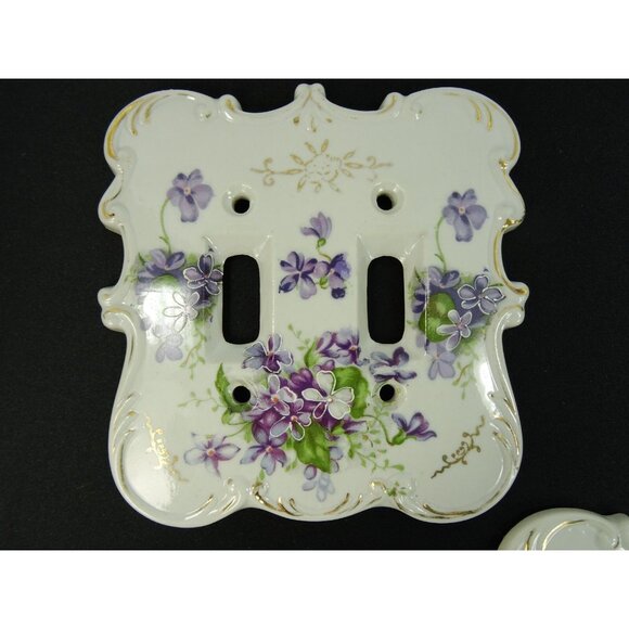VIntage MCM Double Light Switch Cover Plates Lot Ceramic Floral Pink Purple - Picture 3 of 11